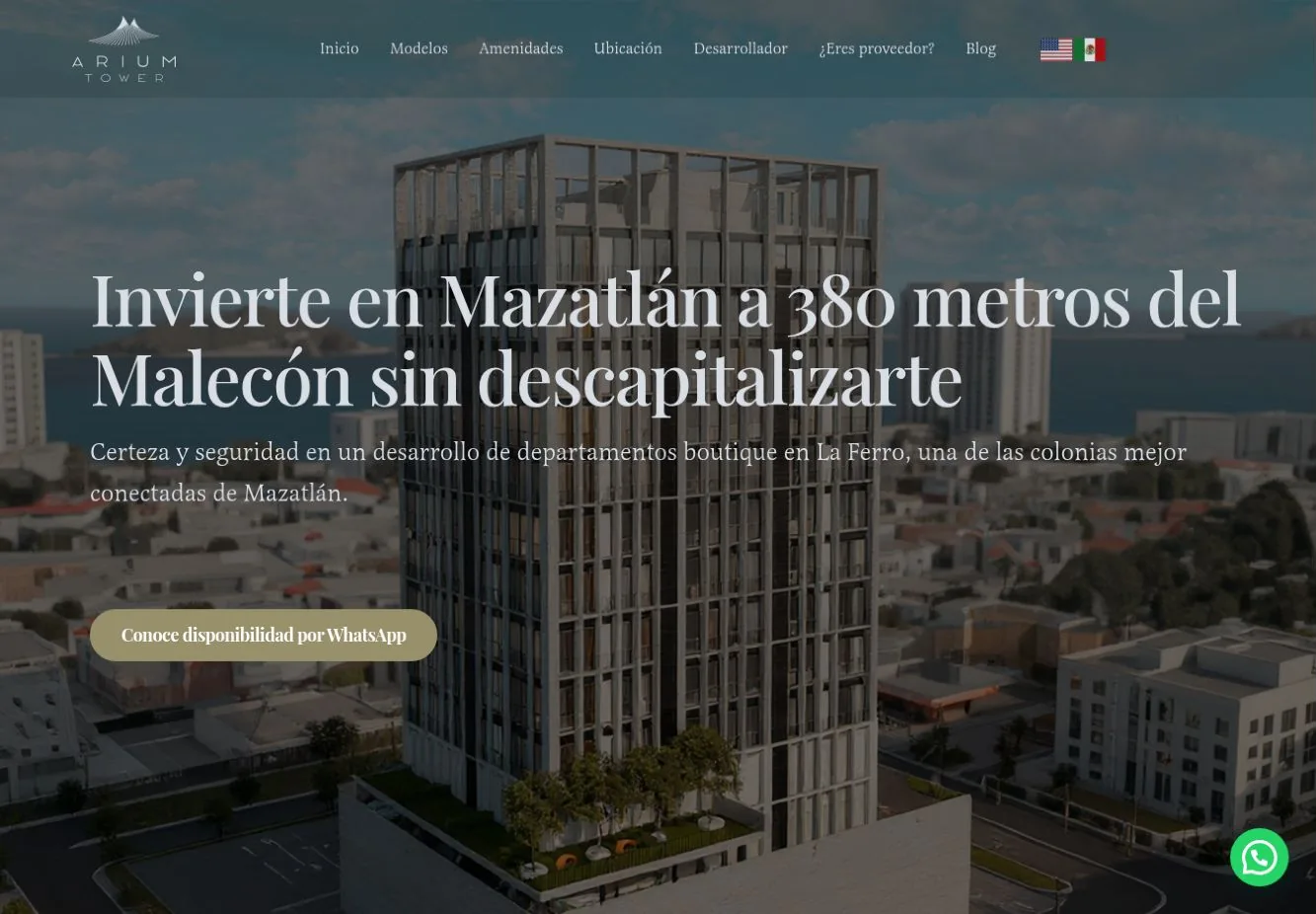 Página de inicio de Arium Tower, desarrollo inmobiliario en Mazatlán